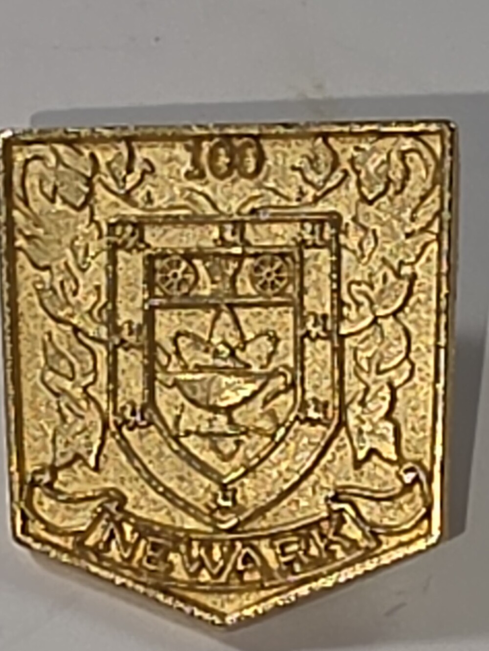 #2593, Vtg, Newark Public School, 100 Year Anniversary gold tone pin Shield Cres